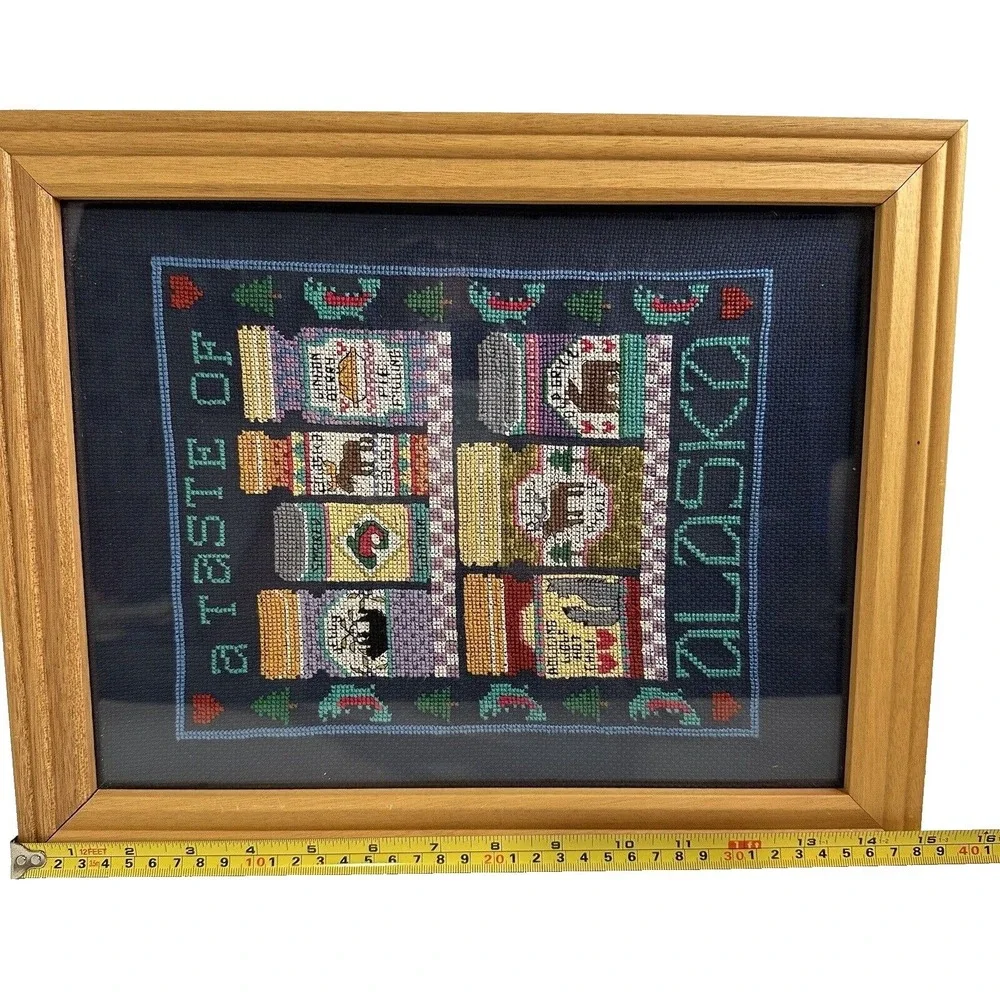 VTG A Taste of Alaska Framed Cross Stitch Wall Art Handmade Cabin Decor‎ 15x12